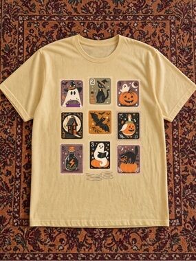 Gildan Light Yellow Halloween Graphic Tee with Ghosts & Pumpkins